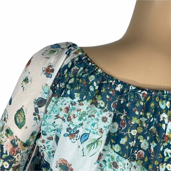 Beautees Blue and Green Floral Blouse laced Wrist - Picture 7 of 15
